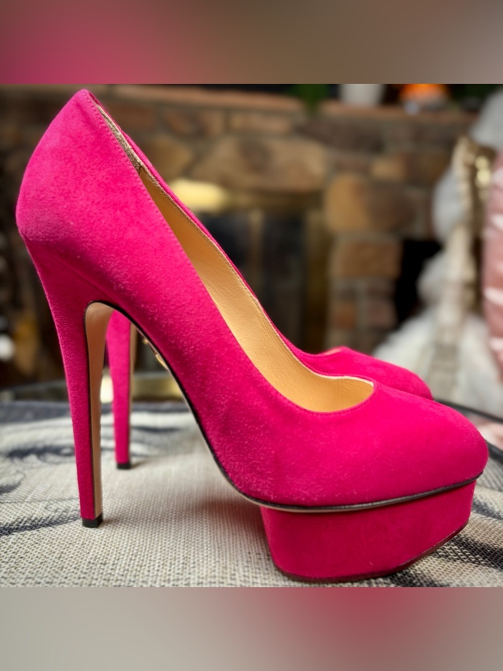 Charlotte Olympia Magenta Suede 1.5” Platform w/ 5.75” Heel, Sz 38.5/8